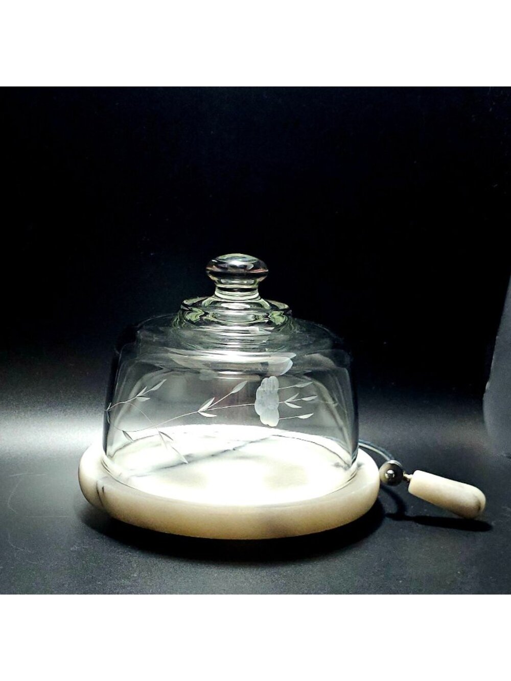 Princess House Heritage Cheese Dome Marble Base w/ Wire Cutter 6.5" etched glass